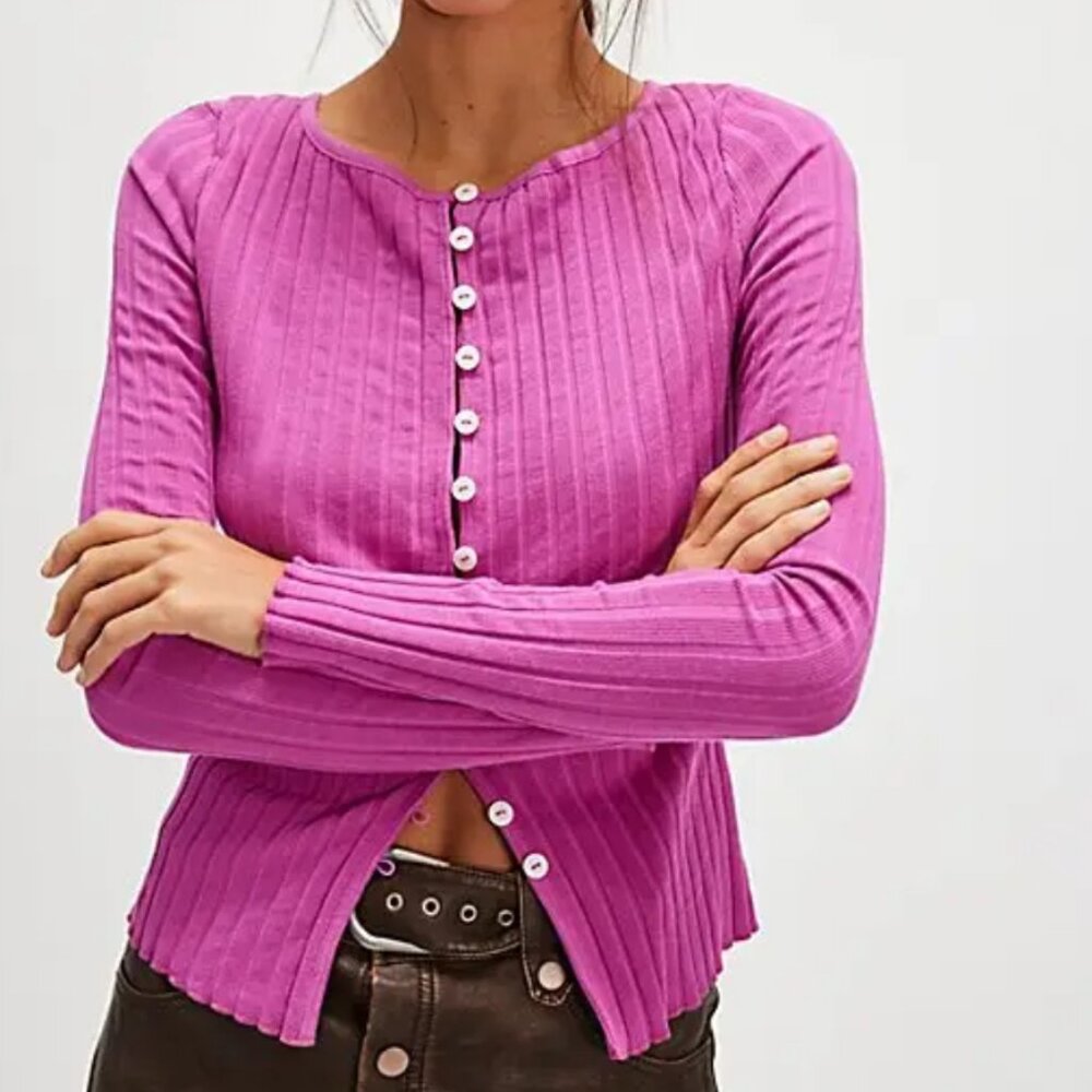 Free People Ribbed Button-Front Cardigan in Fuschia Pink Coquette girl Y2K inspo